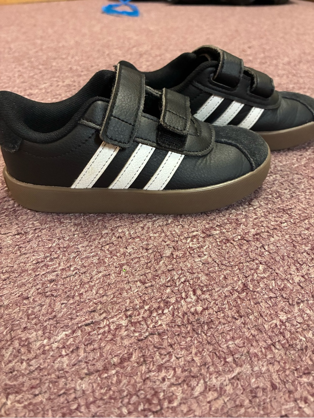 adidas Black and White Kids Velcro Sneakers with Brown Outsole